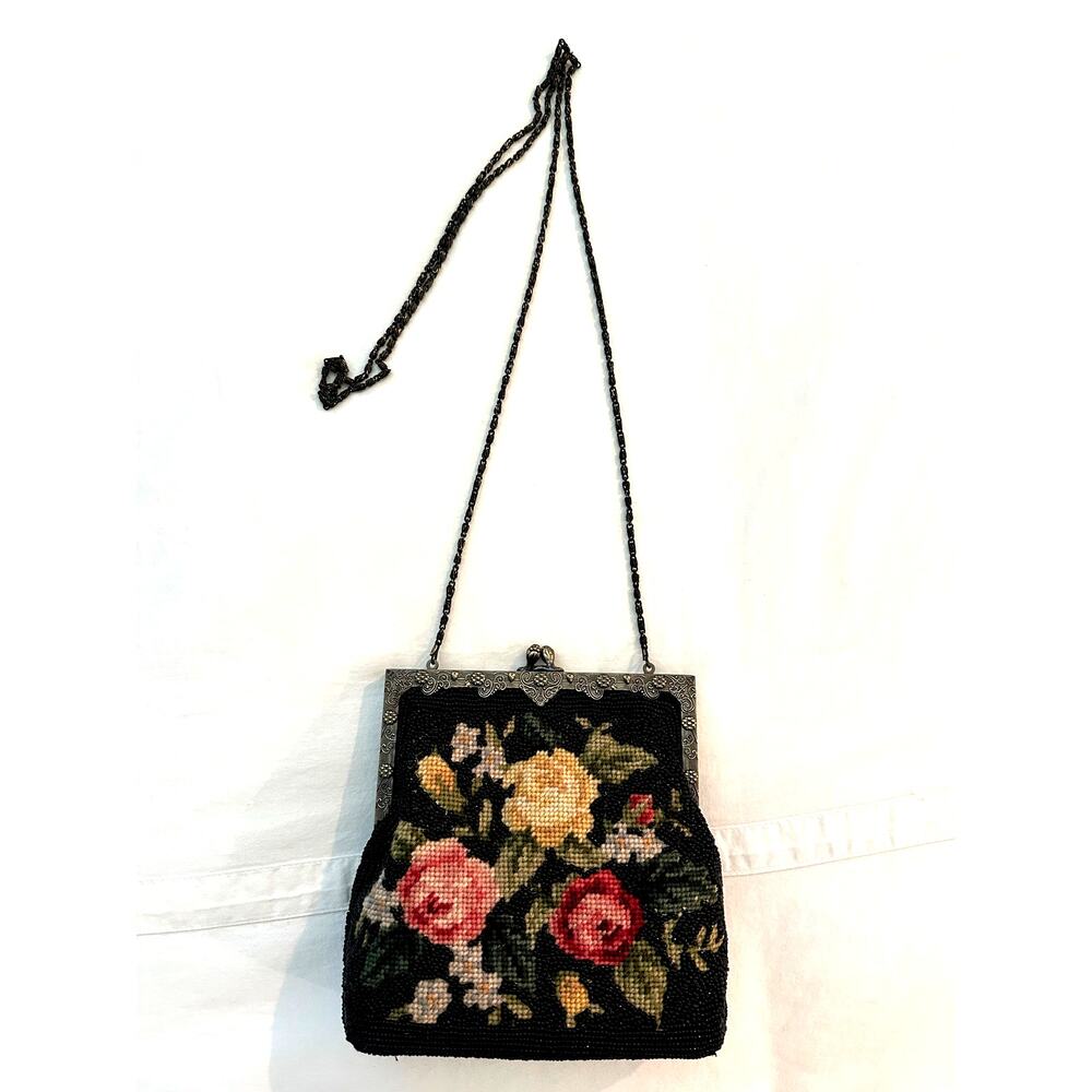 Needlepoint Purse Evening Bag Vintage kiss lock beaded floral w chain strap